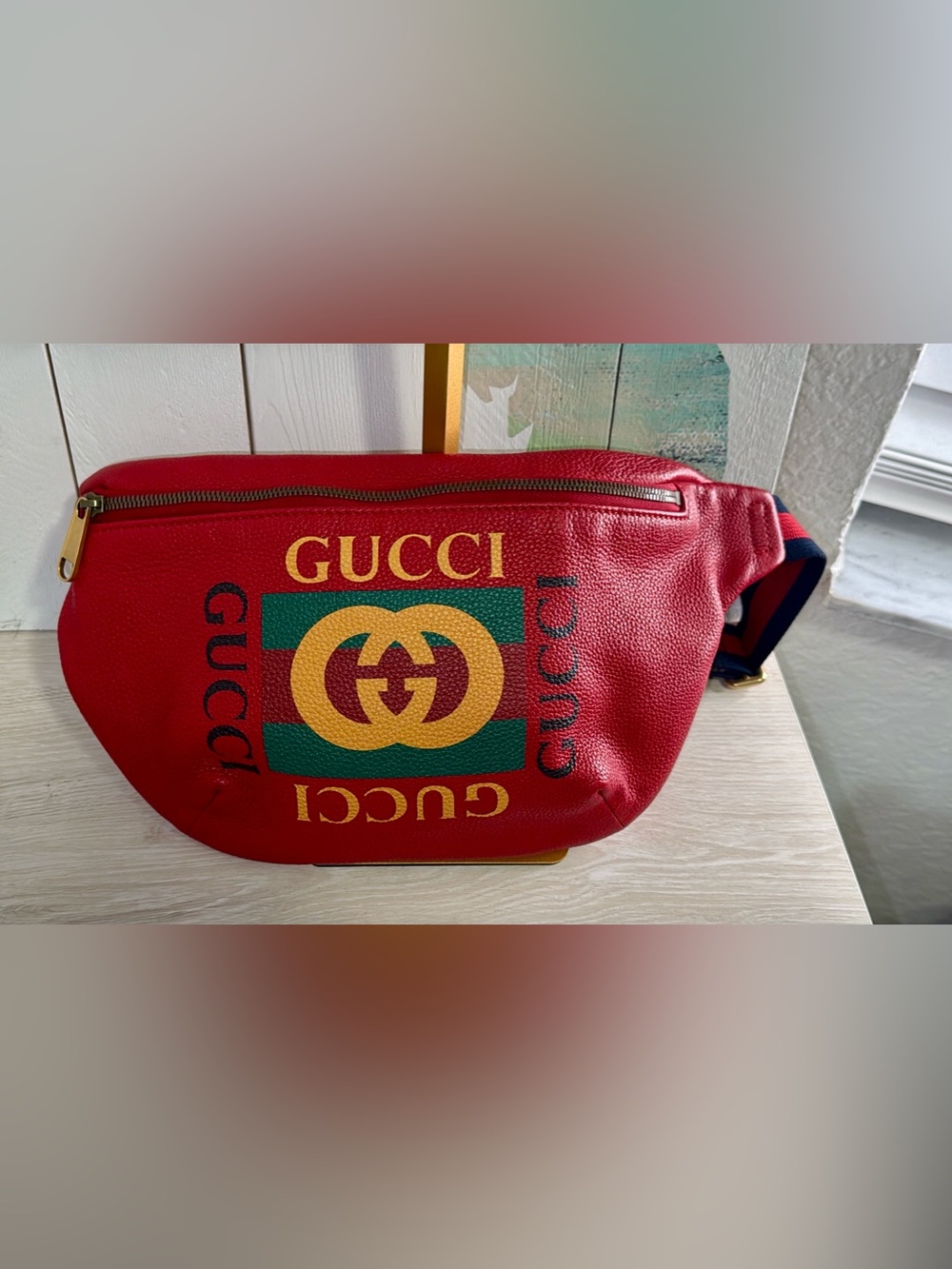 GUCCI Grained Calfskin Large Logo Belt Bum Bag Hibiscus Red